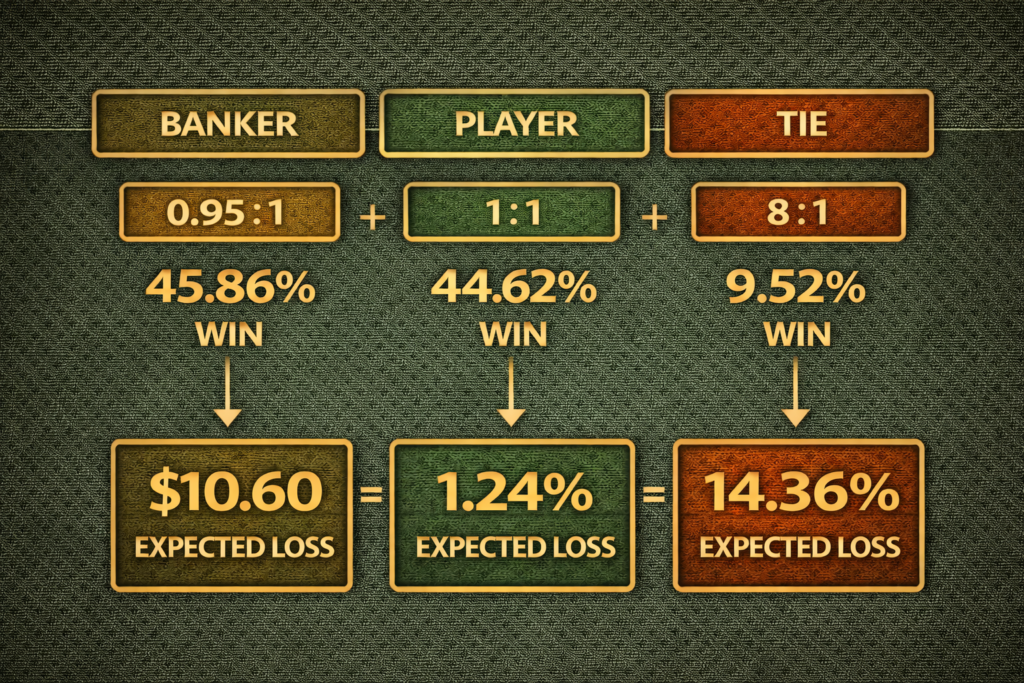 House edge mathematics diagram showing how payout ratios and winning probabilities create edge percentages 