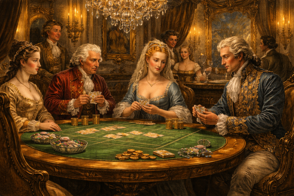 French aristocrats playing Chemin de Fer in royal salon” 