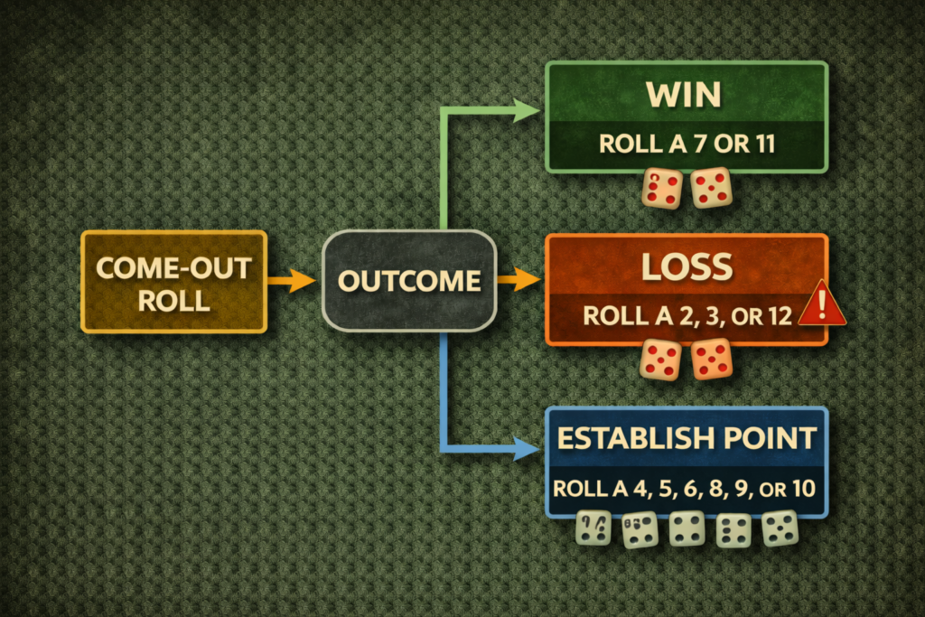 Craps come-out roll decision tree showing win conditions, loss conditions, and point establishment 