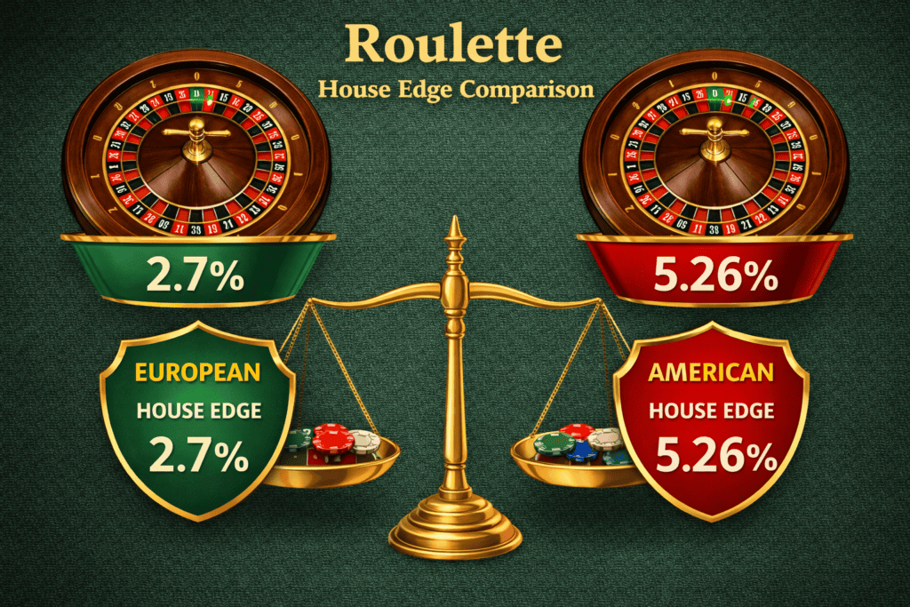 House edge comparison visual showing 2.7% European roulette edge versus 5.26% American roulette edge