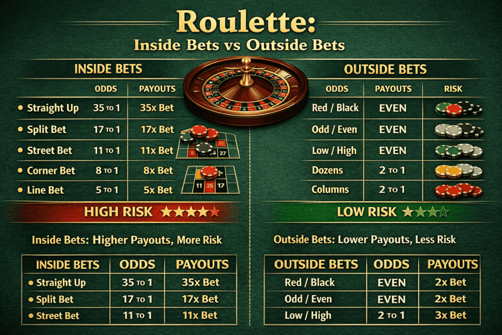Infographic comparing roulette inside bets and outside bets showing odds, payouts, and risk levels