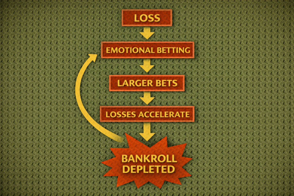 Craps emotional betting escalation flowchart showing loss-chase spiral and bankroll depletion