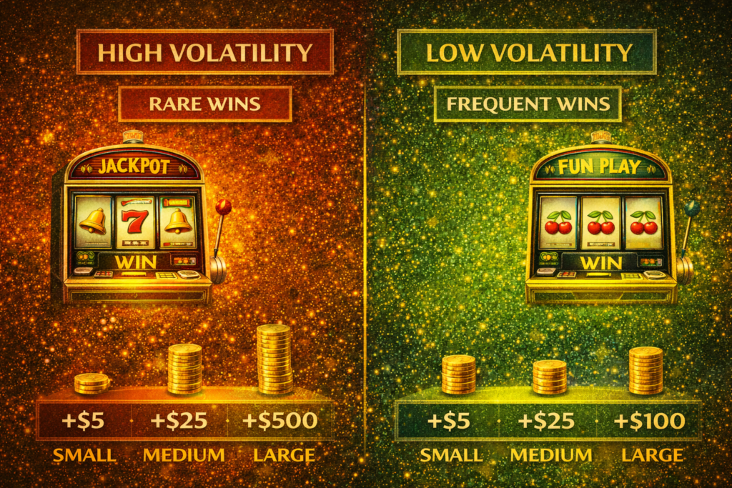 Slot machine volatility comparison chart showing win frequency and size distribution for high vs. low volatility