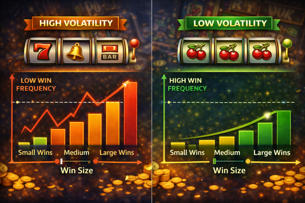  Slot machine volatility comparison chart showing win frequency and size distribution for high vs. low volatility 