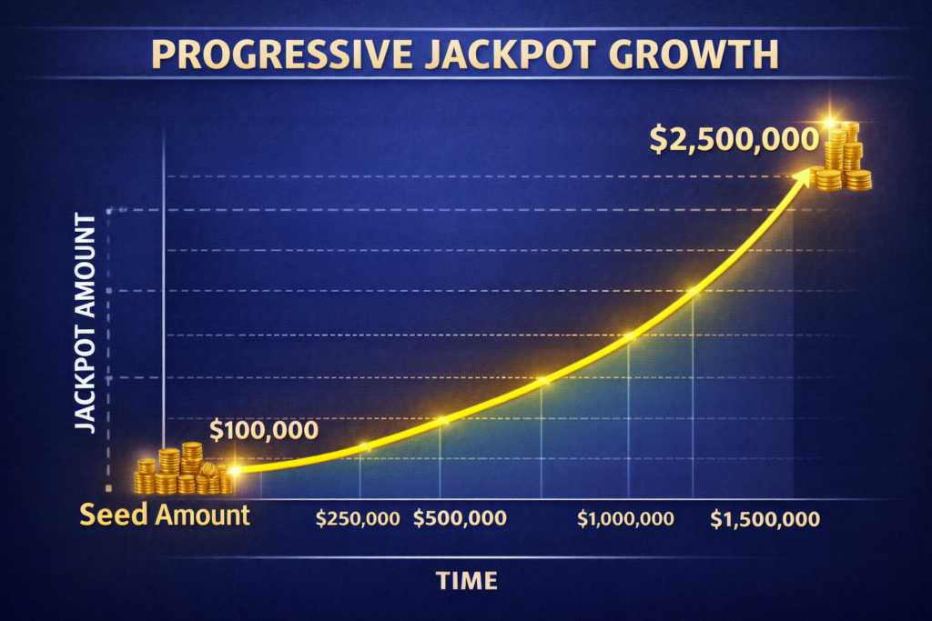 Progressive jackpot growth chart showing seed amount accumulation to multi-million payout 