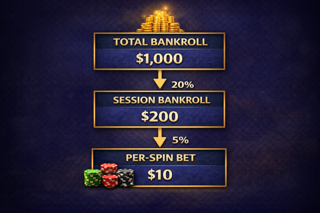 Slot machine bet sizing calculation chart showing total bankroll to session bankroll to per-spin bet conversions