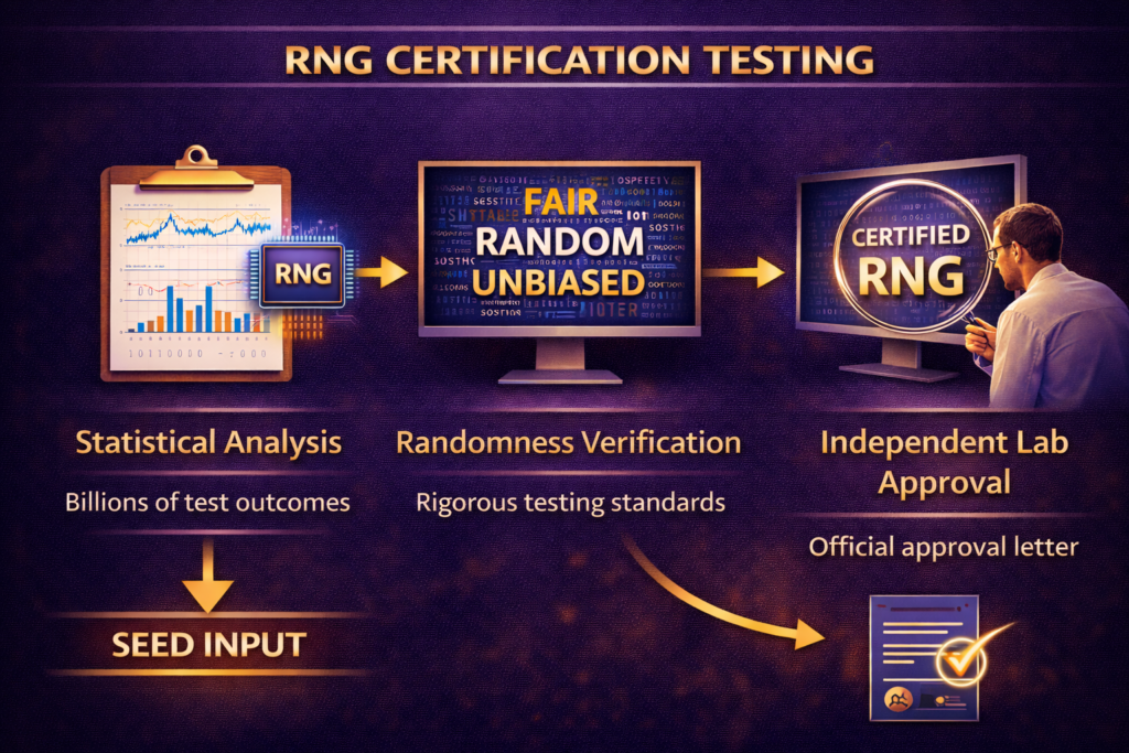 RNG certification testing diagram showing statistical analysis, randomness verification, and independent lab approval process