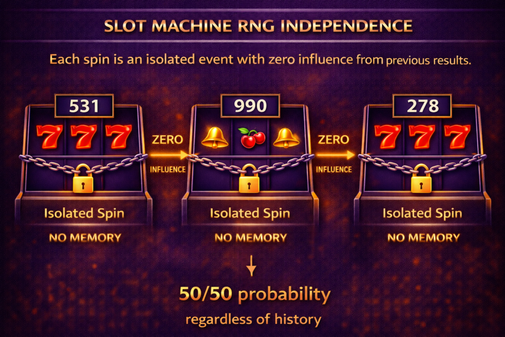Slot machine RNG independence diagram showing each spin as isolated event with zero influence from previous results 
