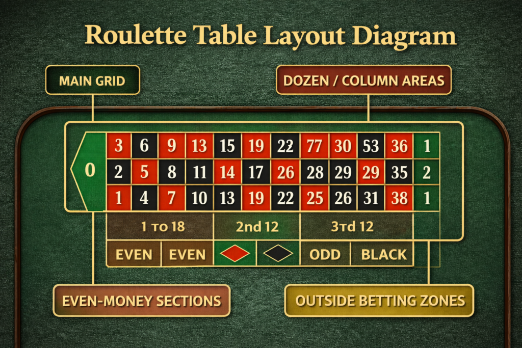 Roulette table layout diagram showing main grid, even-money sections, dozen/column areas, and outside betting zones 