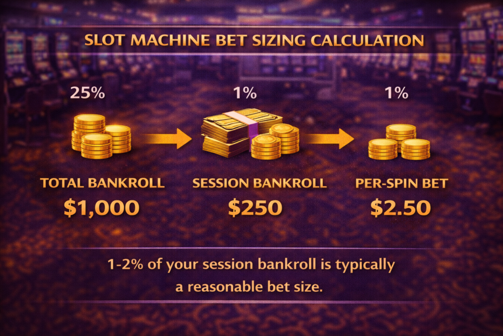 Slot machine bet sizing calculation chart showing total bankroll to session bankroll to per-spin bet conversions