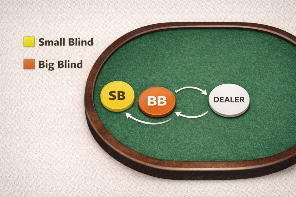 Texas Hold'em blind structure diagram showing small blind left of dealer button and big blind next to small blind