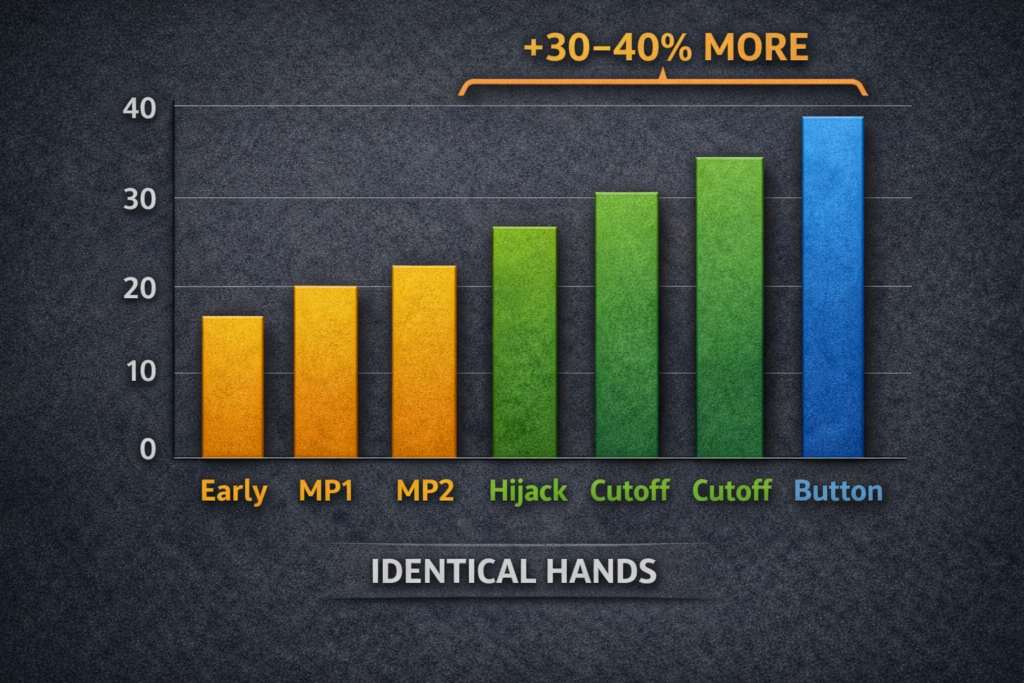 Poker position profitability chart showing button earning 30-40% more than early position with identical hands