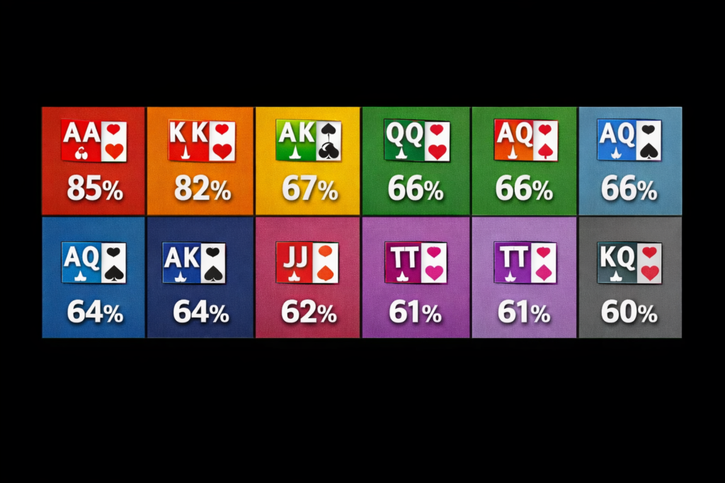 Poker starting hand strength chart showing win percentages from AA (85%) through KQ (60%)