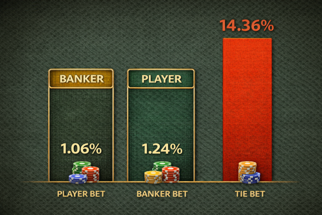Baccarat house edge visualization comparing 1.06% Banker, 1.24% Player, 14.36% Tie bets