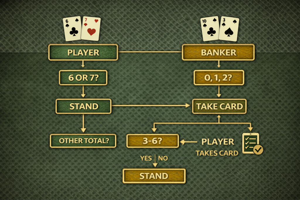 Punto Banco drawing rules flowchart illustrating automatic Player and Banker card draw decisions