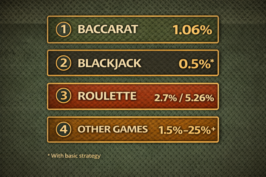 Casino house edge comparison chart ranking baccarat (1.06%), blackjack, roulette, and other games