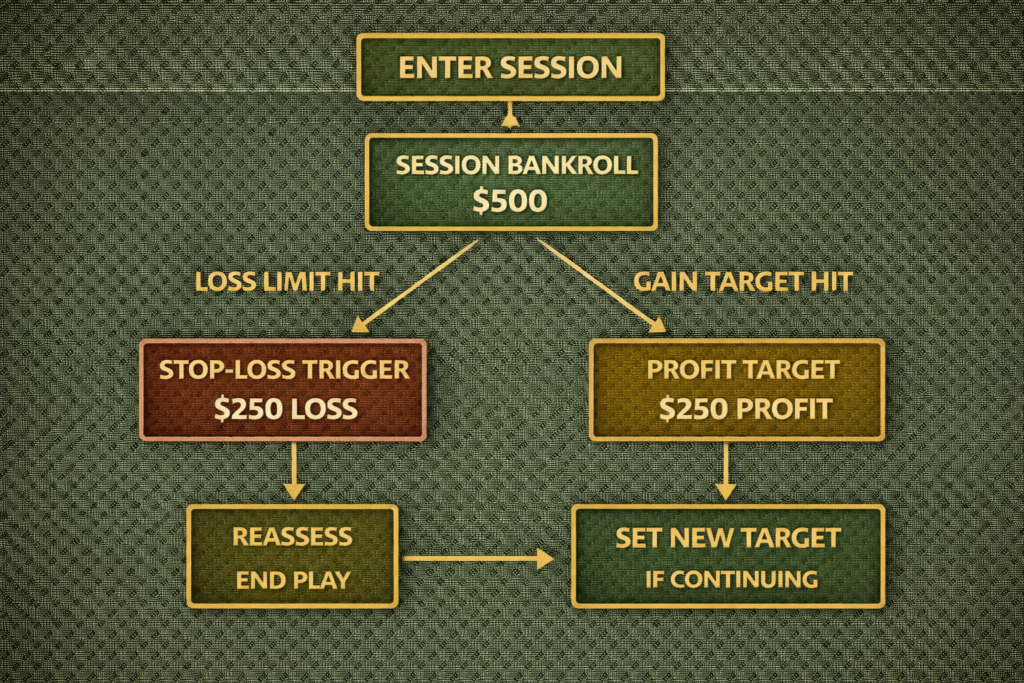 Baccarat bankroll management flowchart showing entry points, stop-loss triggers, and profit targets 