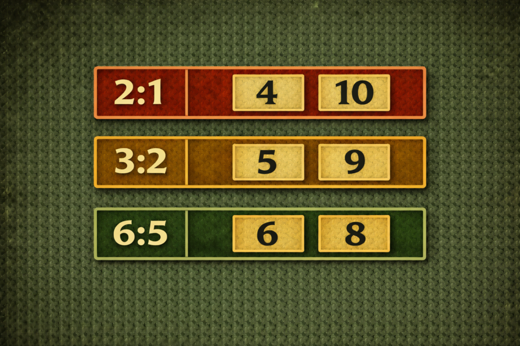 Craps odds payout reference table showing 2:1 (4/10), 3:2 (5/9), and 6:5 (6/8) ratios
