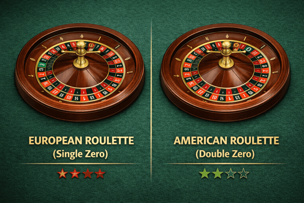 Side-by-side comparison of European roulette wheel with single zero and American roulette wheel with double zero