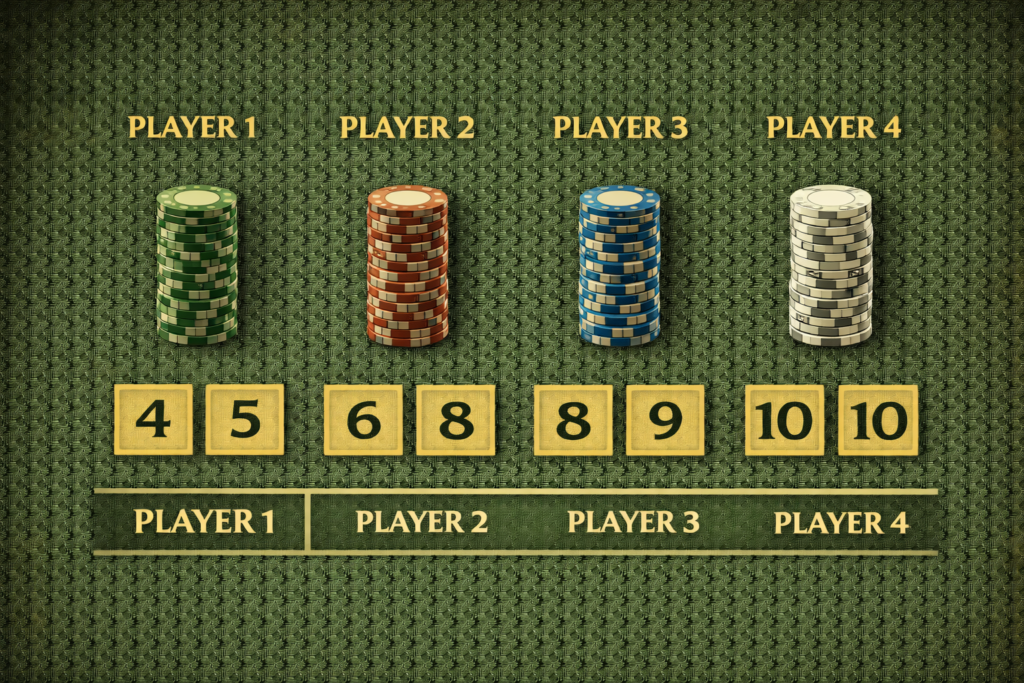 Craps table chip placement diagram showing how multiple players' bets organize by position within identical numbered sections 