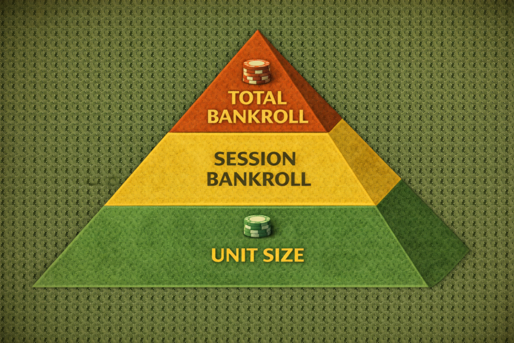 Craps bankroll structure pyramid showing total bankroll, session bankroll, and unit size tiers