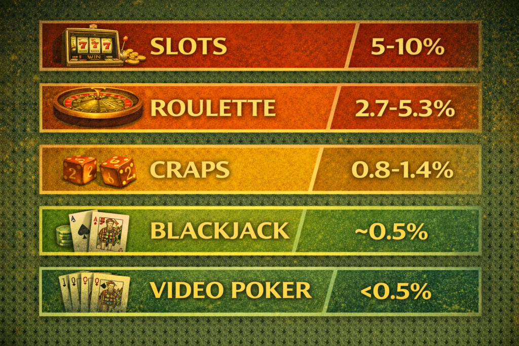 Casino games house edge comparison chart ranking slots, roulette, craps, blackjack, and video poker