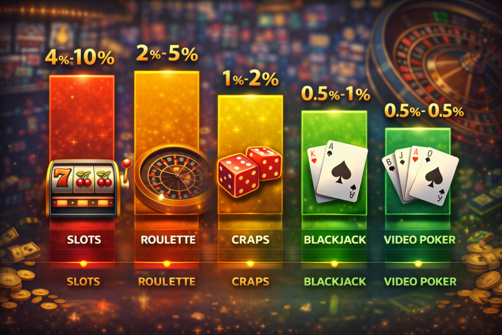 Casino games house edge comparison chart ranking slots, roulette, craps, blackjack, and video poker 