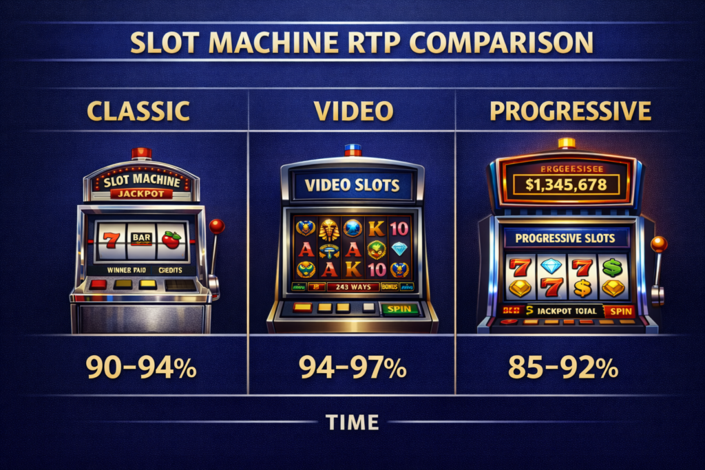 Slot machine RTP comparison table showing classic (90-94%), video (94-97%), and progressive (85-92%) ranges 
