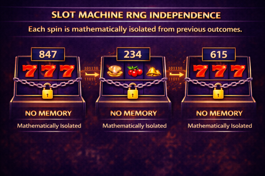 Slot machine RNG independence chart showing mathematical isolation of each spin from previous outcomes