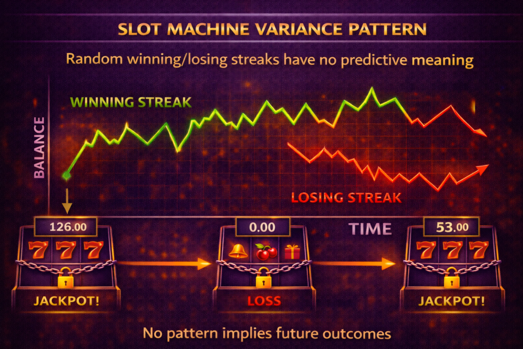 Slot machine variance pattern chart showing random winning/losing streaks without predictive meaning 