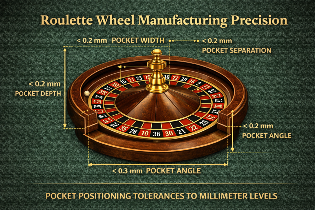 Roulette wheel manufacturing precision diagram showing millimeter-level tolerances for pocket positioning 