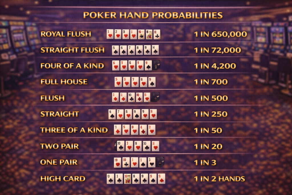 Poker hand probability chart showing occurrence rates from Royal Flush (1 in 650K) to High Card (1 in 2 hands)