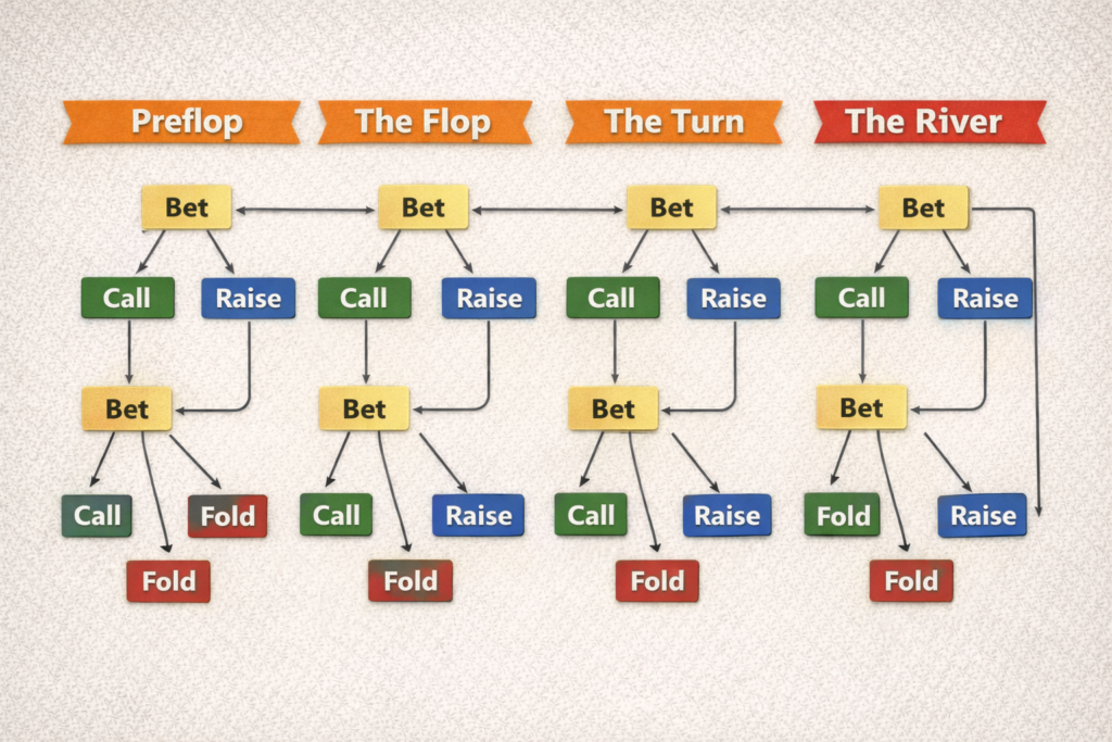 Texas Hold'em betting action flowchart showing call/raise/fold decisions across four betting rounds