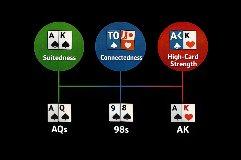 Poker hand selection criteria diagram showing suitedness, connectedness, and high-card strength requirements