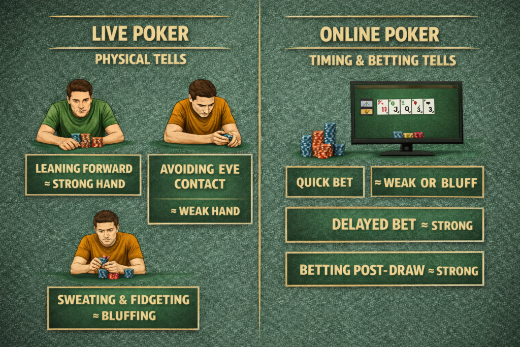 Poker tells comparison chart showing live poker physical tells vs online poker timing and betting pattern tells