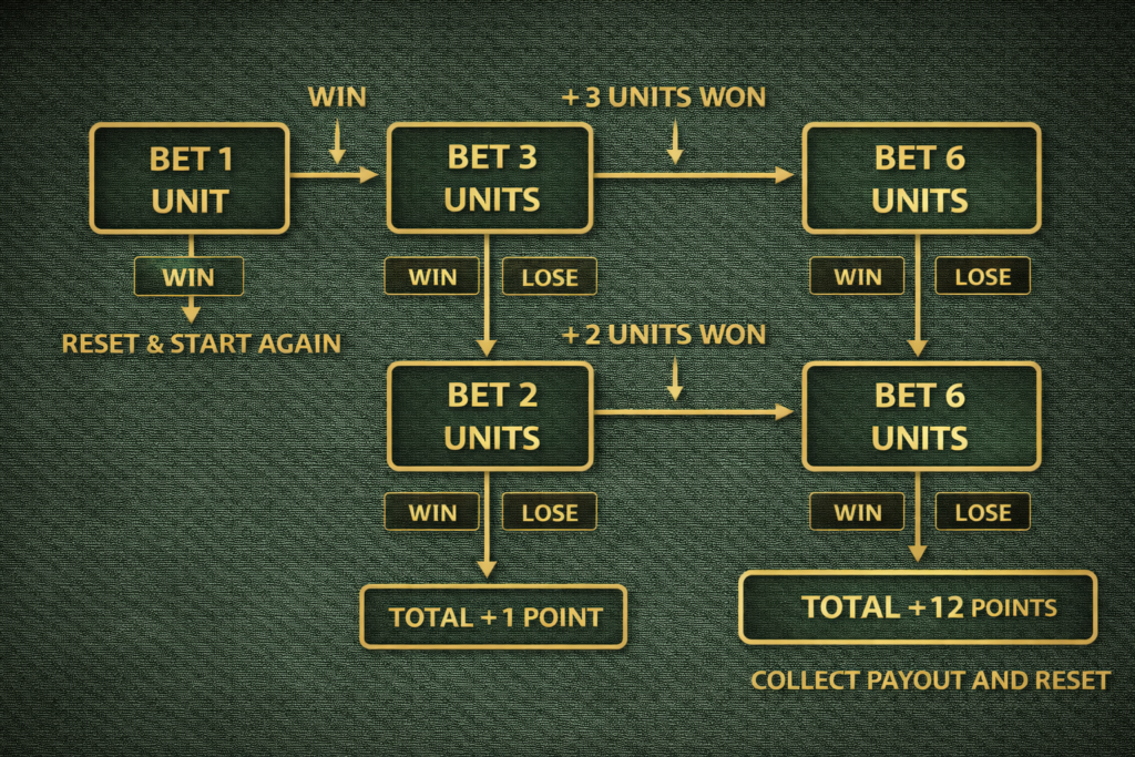 1-3-2-6 betting system flowchart showing bet progression and reset points 