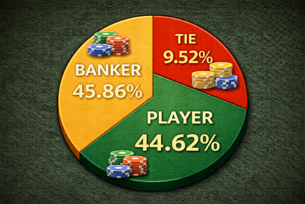 Baccarat outcome probability chart showing 45.86% Banker, 44.62% Player, 9.52% Tie 