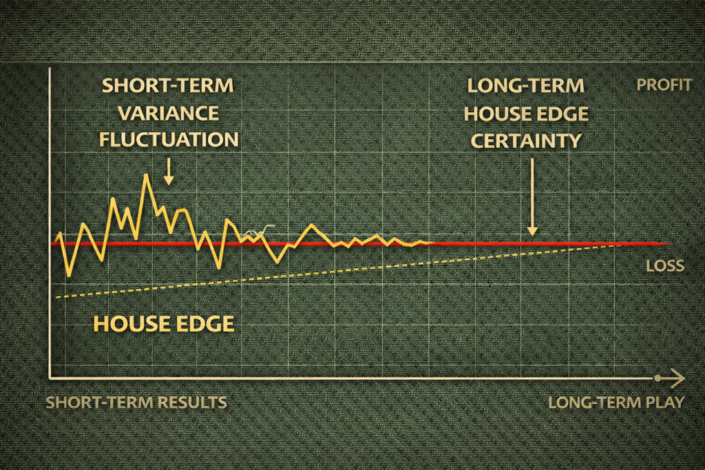 Statistical distribution chart showing short-term variance fluctuation around long-term house edge certainty 