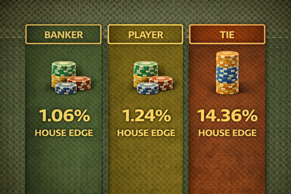 Baccarat strategy comparison chart showing Banker (1.06%), Player (1.24%), and Tie (14.36%) house edges