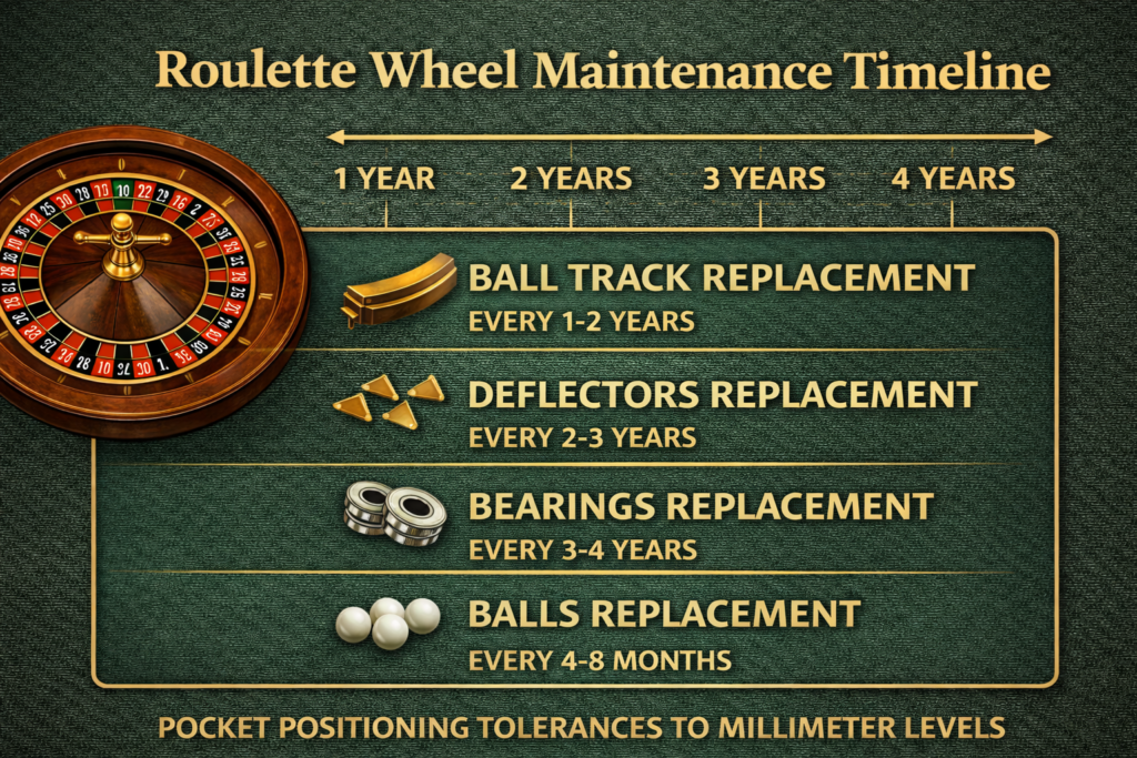 Roulette wheel maintenance timeline showing replacement schedules for ball track, deflectors, bearings, and balls
