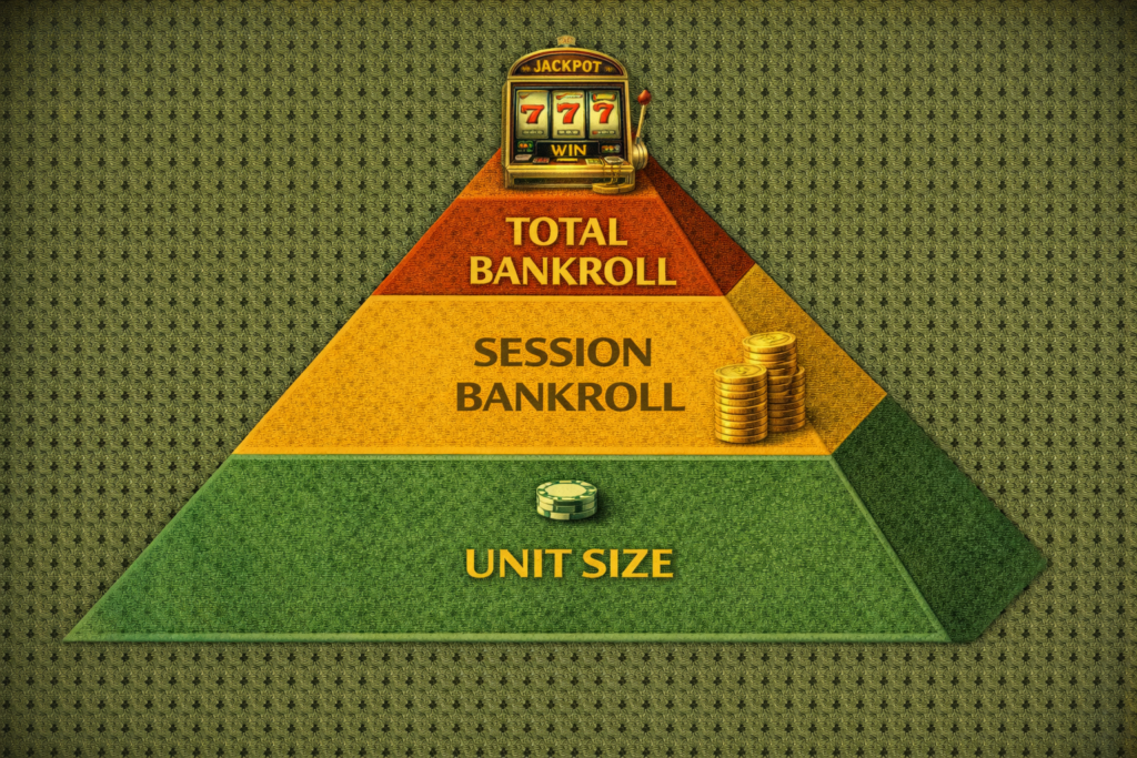 Slot machine bankroll management pyramid showing total bankroll, session bankroll, and unit size structure