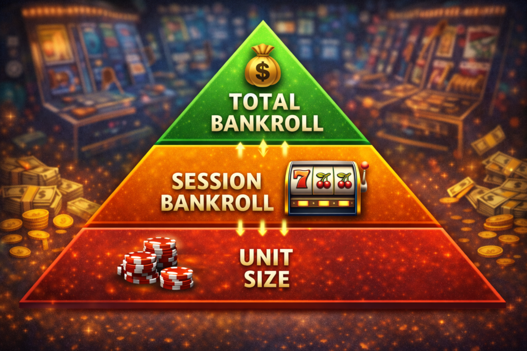 Slot machine bankroll management pyramid showing total bankroll, session bankroll, and unit size structure 
