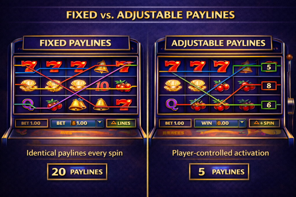 Fixed vs. adjustable payline comparison showing identical paylines every spin versus player-controlled activation