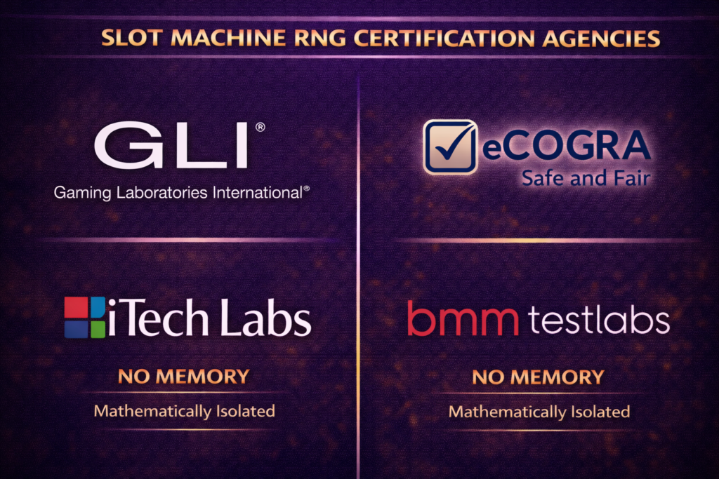 Slot machine RNG certification agencies logos showing GLI, eCOGRA, iTech Labs, and BMM Testlabs