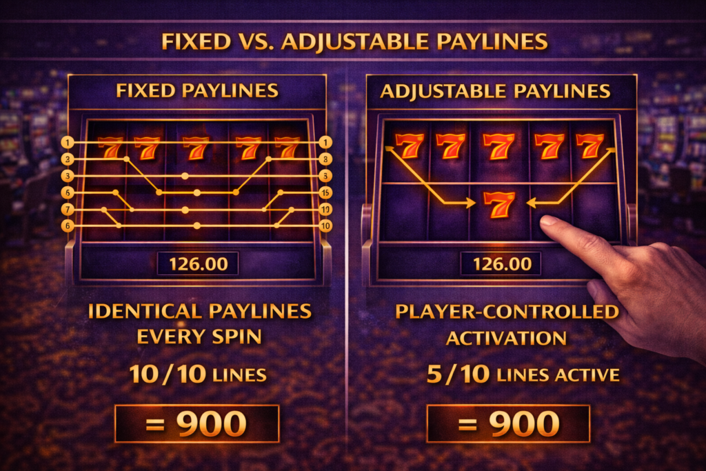 Fixed vs. adjustable payline comparison showing identical paylines every spin versus player-controlled activation