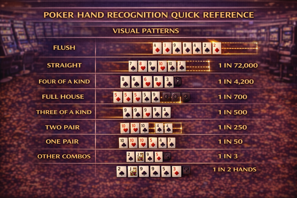 Poker hand recognition quick reference showing visual patterns for flush, straight, pairs, and other combinations