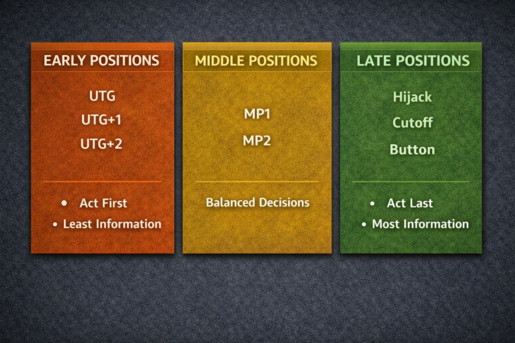 Poker position categories diagram grouping early, middle, and late positions with strategic implications