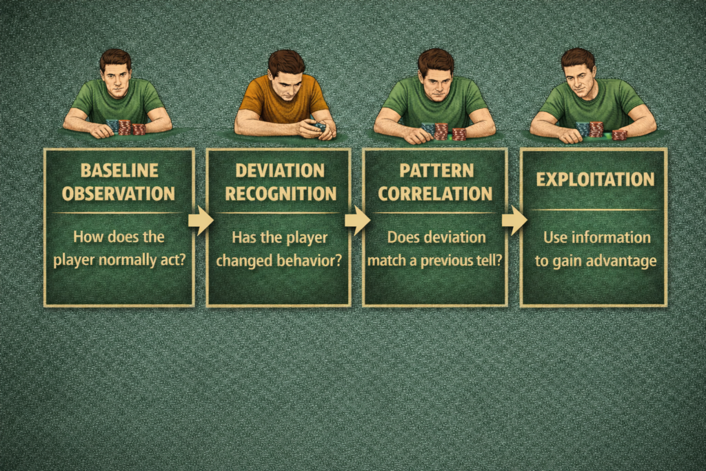 Poker tell reading process flowchart showing baseline observation, deviation recognition, pattern correlation, and exploitation