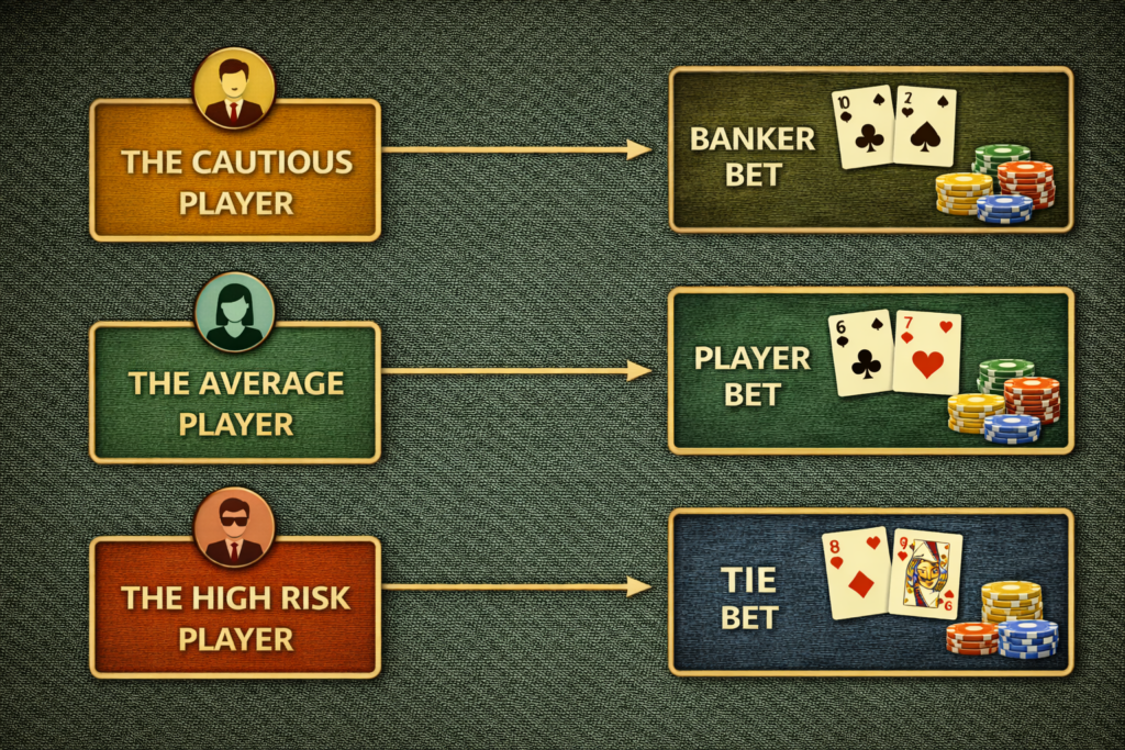 Baccarat betting strategy flowchart matching player profiles to optimal betting options