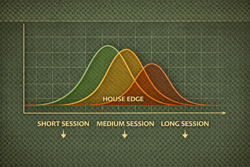 Statistical distribution chart showing how session length affects variance relative to house edge 
